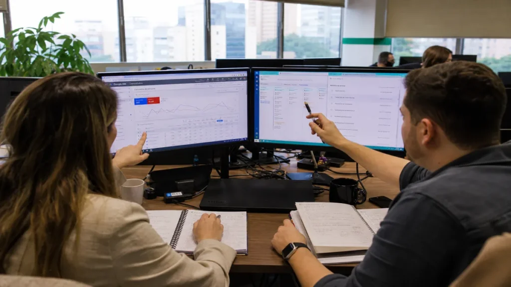 campanhas para gerar leads: Gestor analisa campanhas de geração de leads em dashboard com CRM integrado, ao lado.