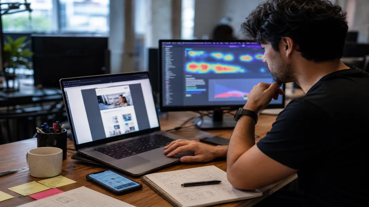 Analista revisa landing page B2B em notebook com mapa de calor e formulário de leads visíveis na tela