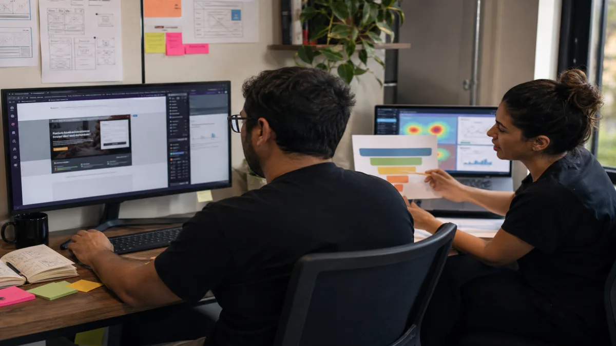 Equipe analisa otimização de landing pages com mapa de calor, métricas de conversão e elementos visuais em tela