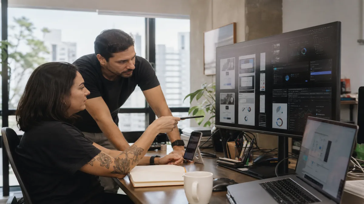Criar site na black friday: Gestor de marketing analisa landing pages e analytics com equipe em escritório moder.