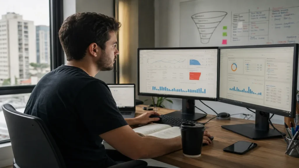 publicidade para empresas: Gestor analisa painel de publicidade em ambiente B2B, avaliando métricas de leads e c.